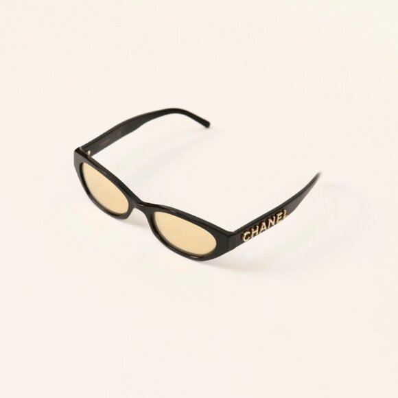 Chanel Gold Holographic Sunglasses Reflective Logo Lens Skinny Frame - Picture 2 of 10